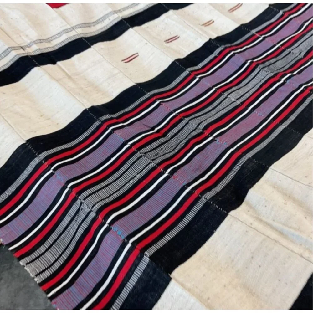 Vintage African Fulani Wedding Blanket 114” x 56” Stiped Black‎ Red Purple Cream